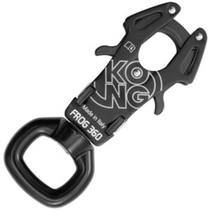 Kong FROG 360 BLACK aluminum carabiner with a webbing swivel that closes automatically when anchoring