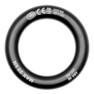 Kong ANA 46 Black anodized round frame O-Ring 25kN internal size 46mm allows for the distribution of the carabiner ropes webbing at any angle