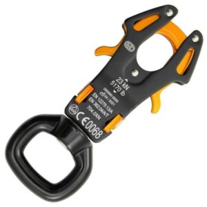 Kong FROG 360 BLACK-ORANGE aluminum carabiner with a webbing swivel that closes automatically when anchoring